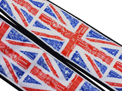 Personalized camera strap for photographers and travelers with Great Britain flags.