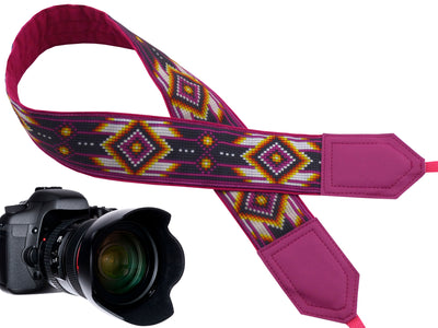 Personalized camera strap with native design. Purple / pink camera strap for most DSLR and SLR cameras. Photo accessory by InTePro.