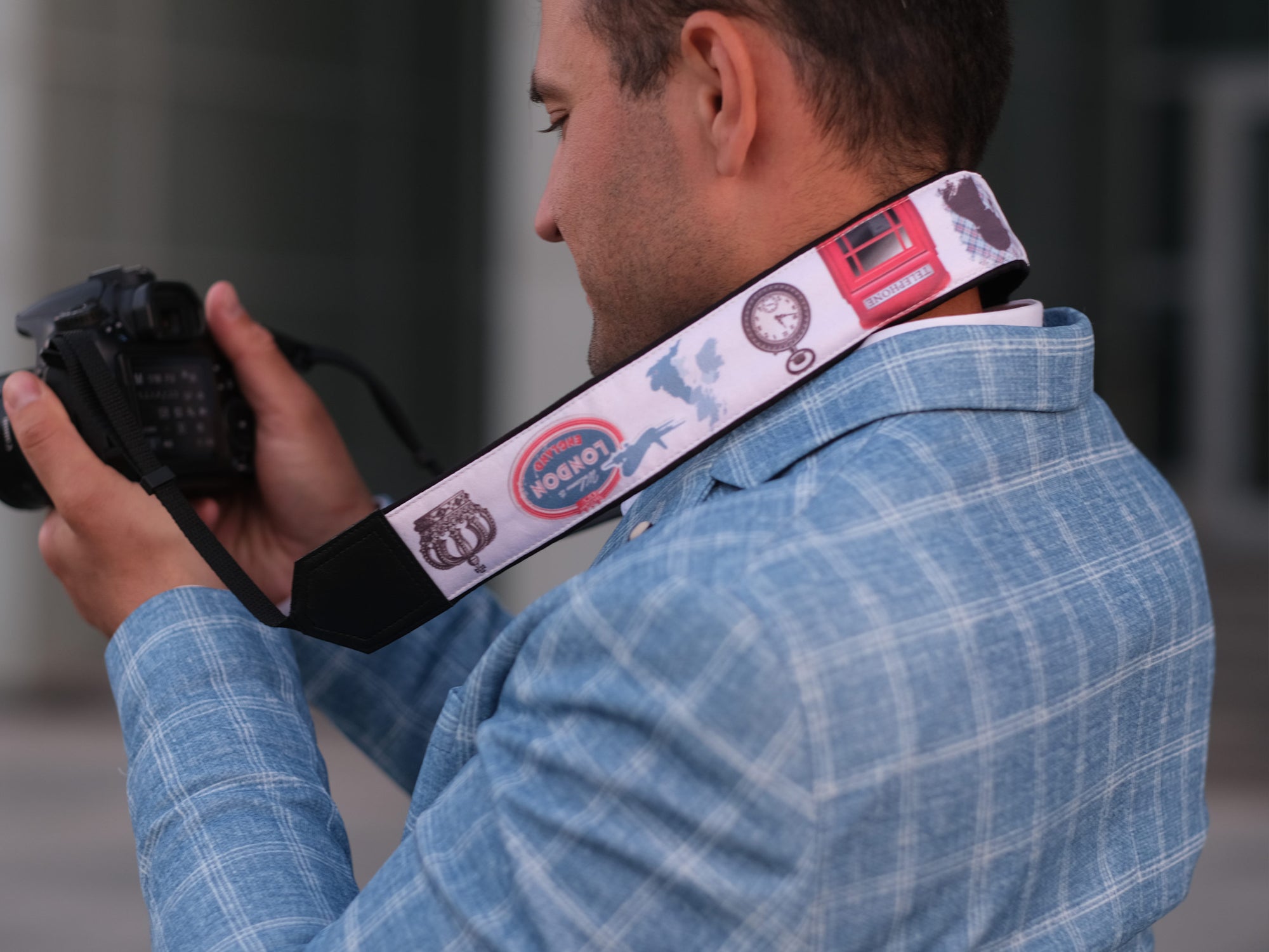 Personalized camera strap with the British flag, Big Ben, Queen's Crown.