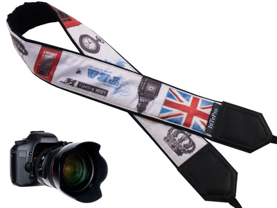 Personalized camera strap with the British flag, Big Ben, Queen's Crown.