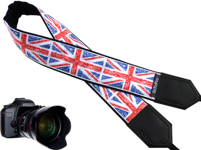 Personalized camera strap for photographers and travelers with Great Britain flags.