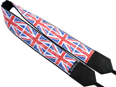 Personalized camera strap for photographers and travelers with Great Britain flags.