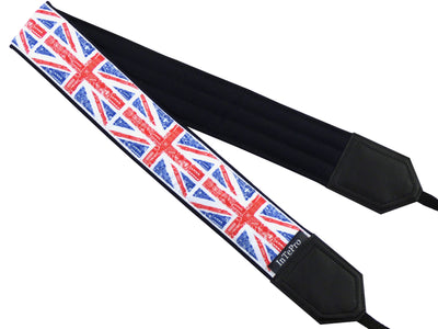 Personalized camera strap for photographers and travelers with Great Britain flags.