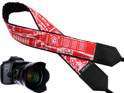 Personalized camera strap for tourists with London and UK symbols.