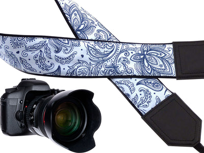 Camera strap blue and white. Ornaments. Abstract flowers. Paisley. Crossbody strap DSLR / SLR.