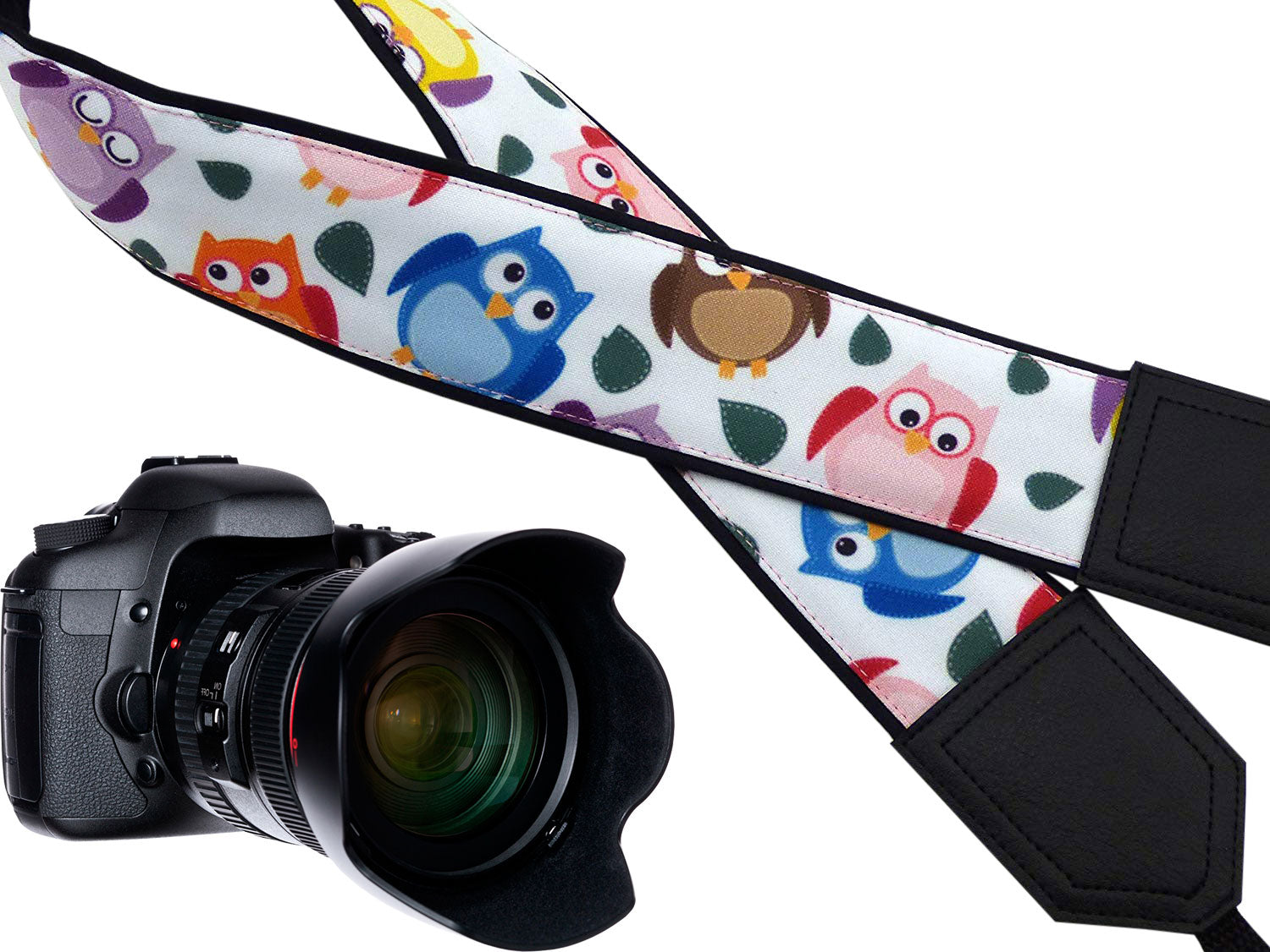 InTePro camera strap with owls design for mirrorless cameras. Birds camera strap. Black DSLR / SLR Camera Strap with personalization.