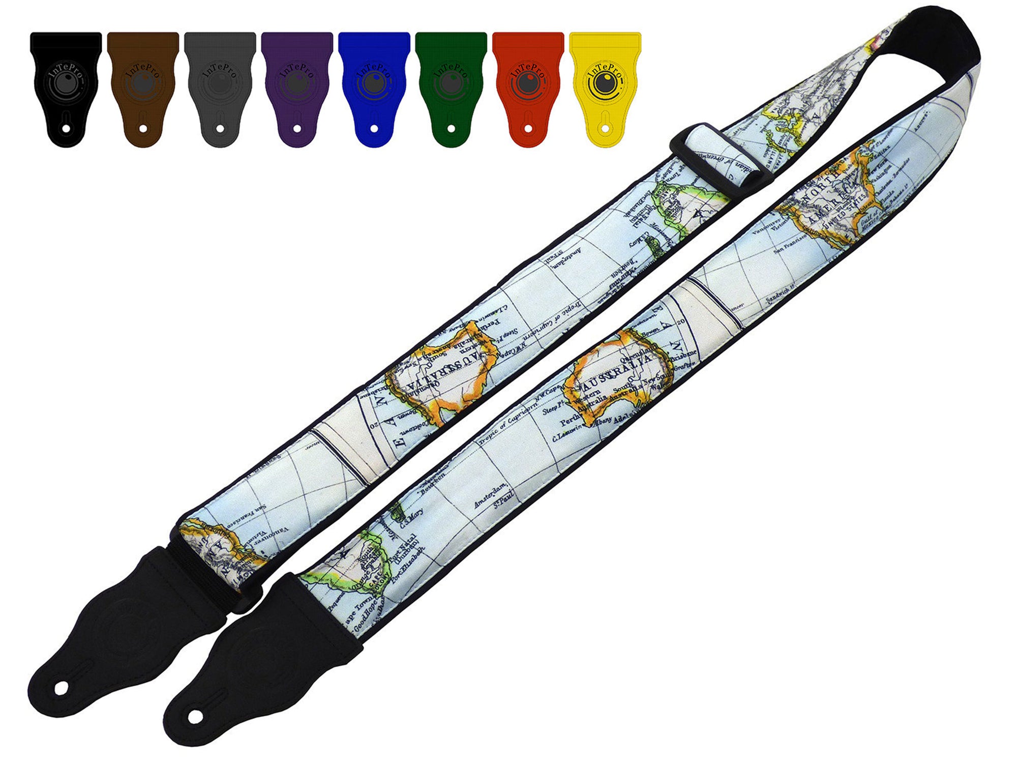 Guitar strap with world map design for electric, acoustic, bass and other guitars by InTePro