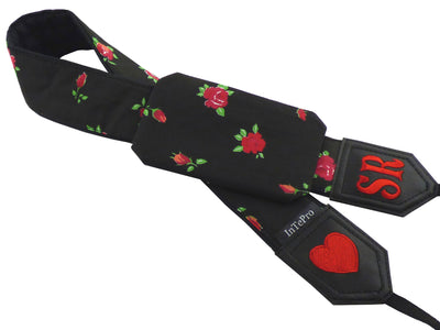 Black Camera strap with flowers. DSLR / SLR Camera Strap. Camera accessories. Durable, light weight and well padded camera strap.