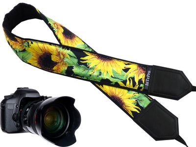 Personalized camera strap with sunflowers. Photo accessory by InTePro.