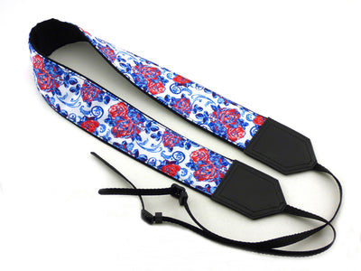 Flowers camera strap. Blue and red roses strap. DSLR / SLR Camera Strap. Handmade items.