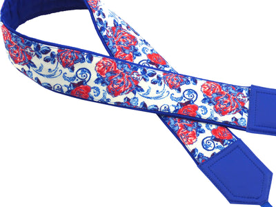 Flowers camera strap. Blue and red roses strap. DSLR / SLR Camera Strap. Handmade items.