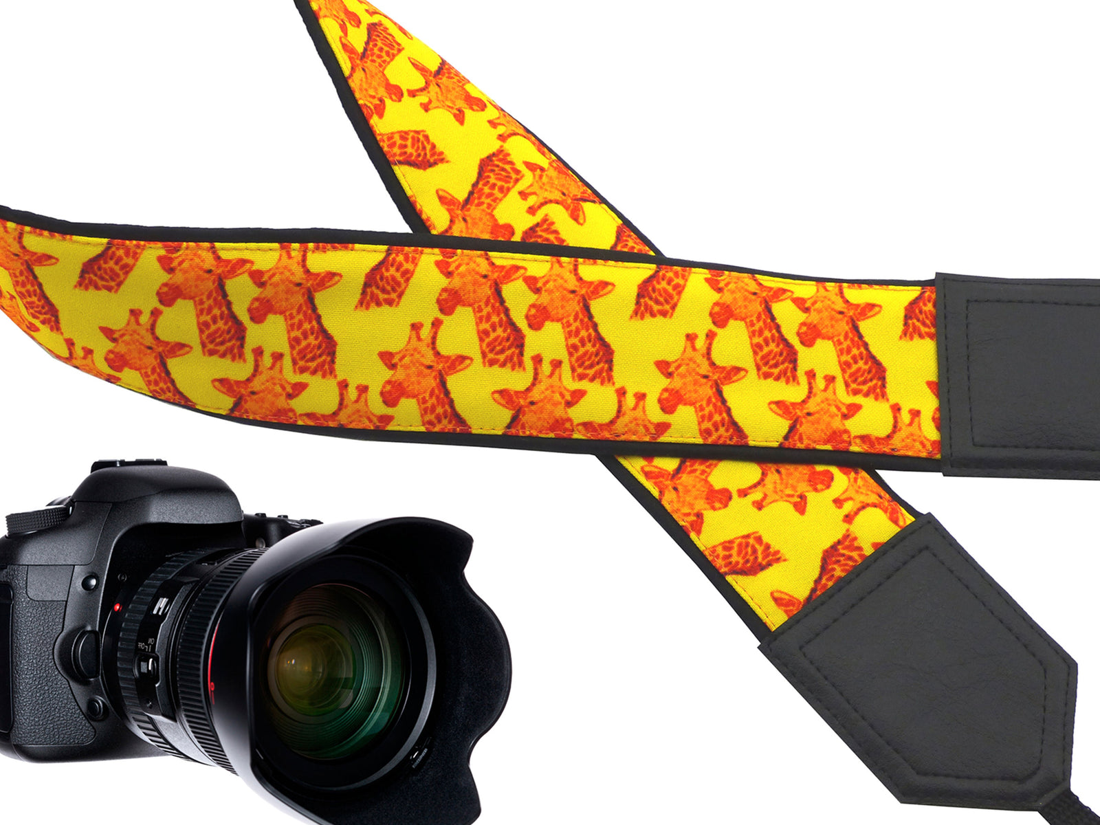 Camera strap with giraffe design. Bright yellow & orange camera strap. DSLR / SLR. Padded camera strap. Personalized camera strap by InTePro