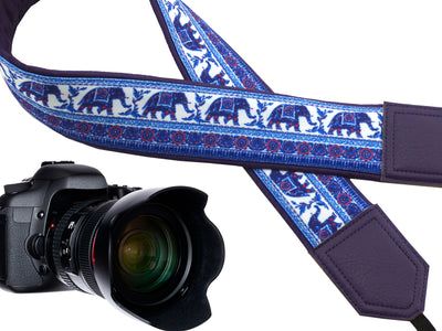 DSLR Camera strap by InTePro Ethnic classic designer camera strap Purple and blue design with lucky elephants Great gift for photographer.