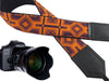 Camera strap with orange ethnic pattern. Personalized Camera Strap. Camera accessories.
