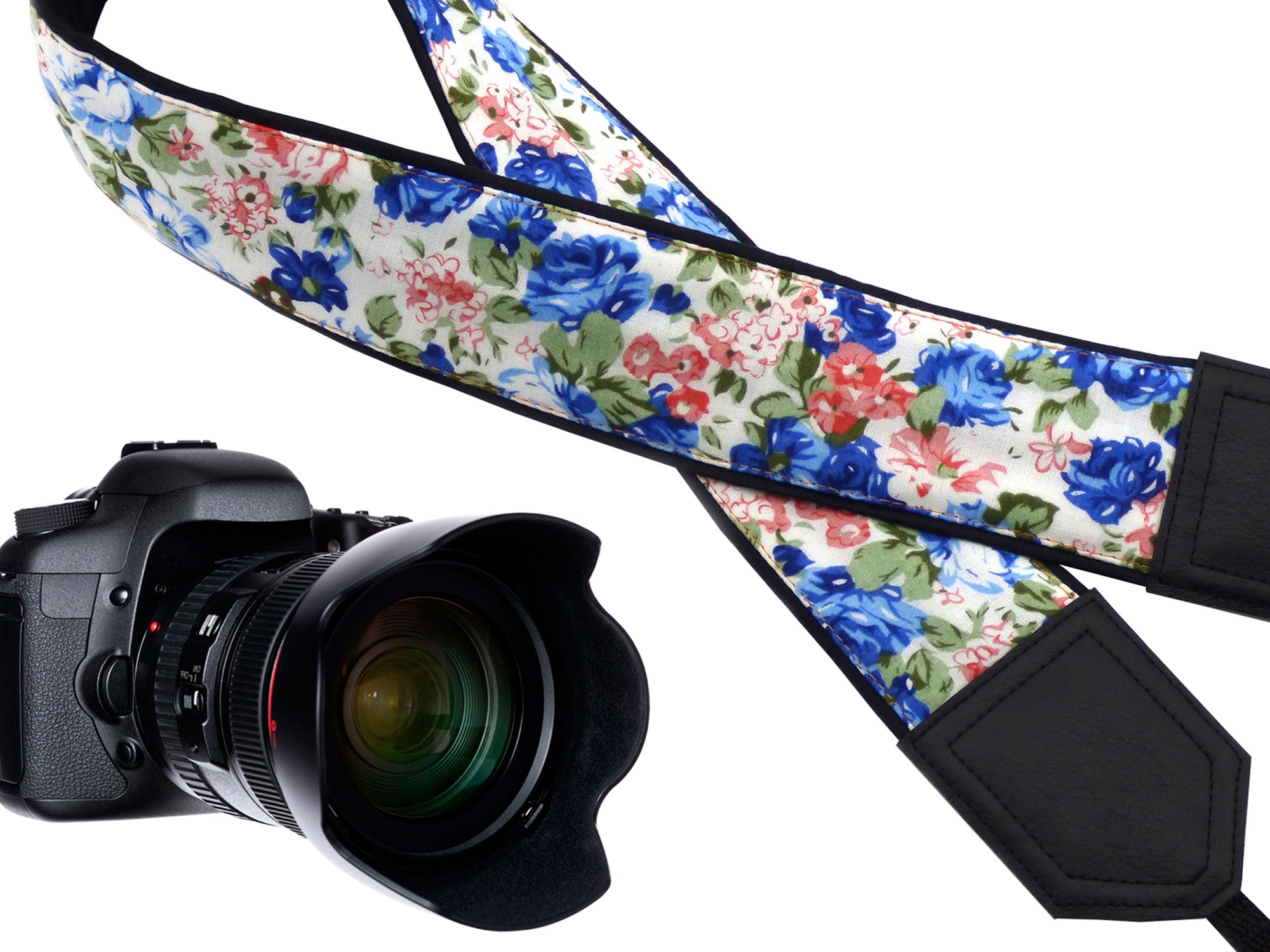 Camera strap Flowers. Blue and pink roses DSLR / SLR Camera Strap. Camera accessories. Durable, light and padded camera strap from InTePro