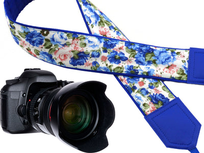 Camera strap Flowers. Blue and pink roses DSLR / SLR Camera Strap. Camera accessories. Durable, light and padded camera strap from InTePro