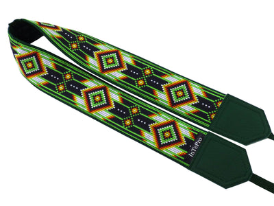 DSLR camera strap with green native design. Gift idea for photographer and traveler. America native motives