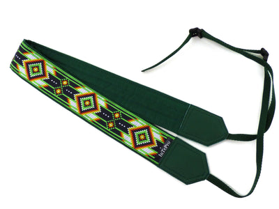 DSLR camera strap with green native design. Gift idea for photographer and traveler. America native motives