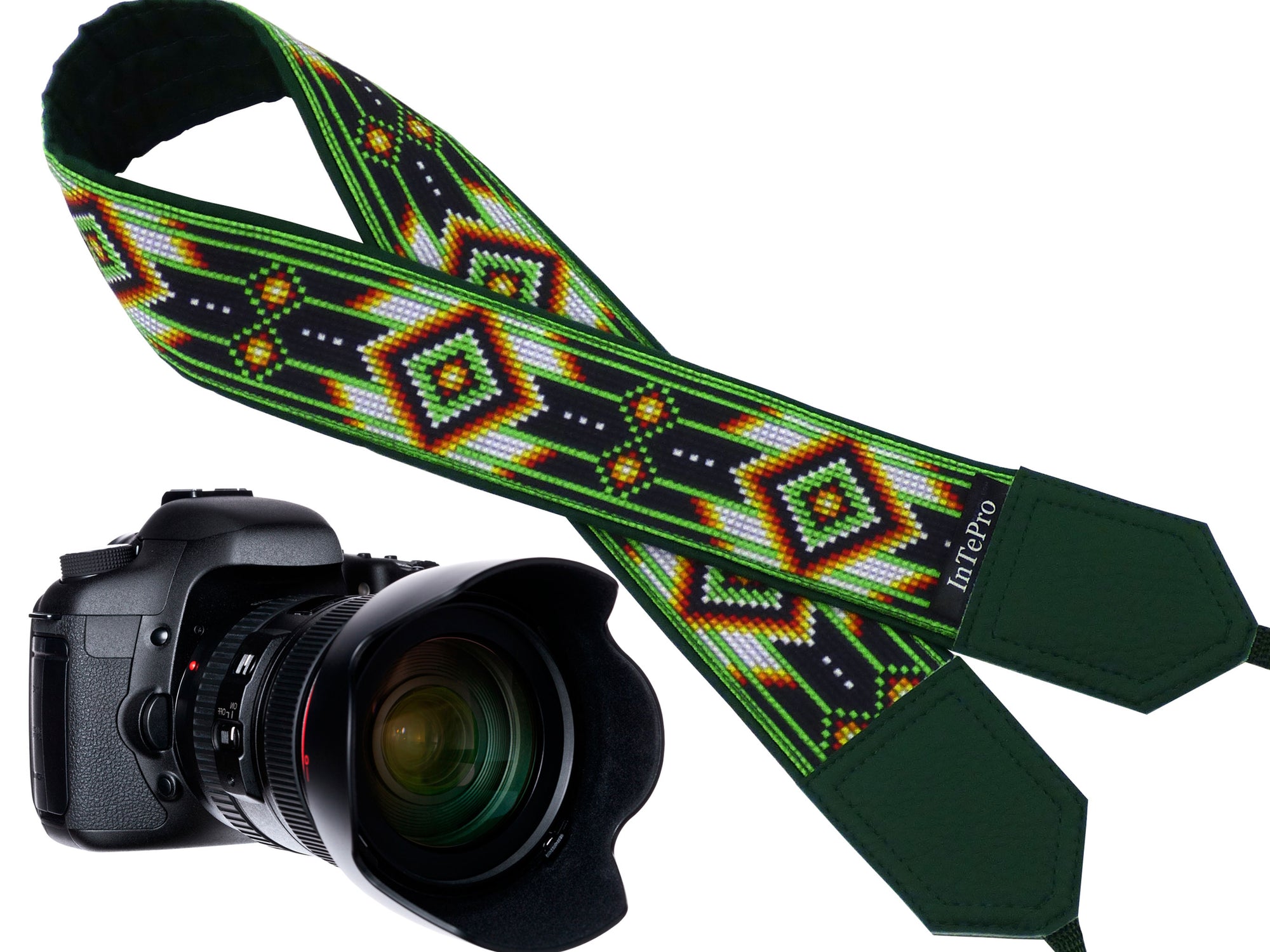 DSLR camera strap with green native design. Gift idea for photographer and traveler. America native motives