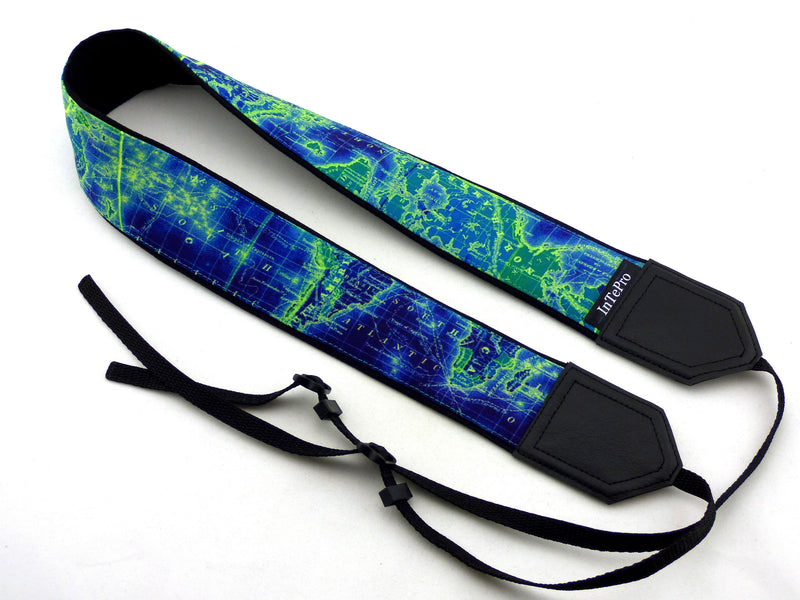 North America, Europe, Australia, South America map camera strap. Dark blue, lime. World map camera strap. Bright gifts for travelers!