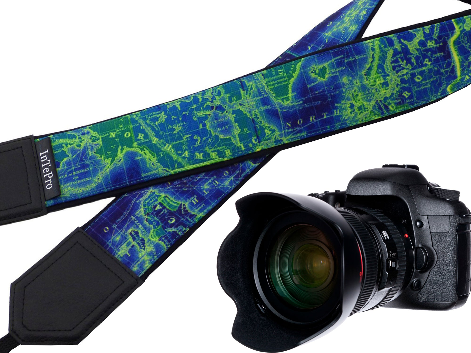 North America, Europe, Australia, South America map camera strap. Dark blue, lime. World map camera strap. Bright gifts for travelers!