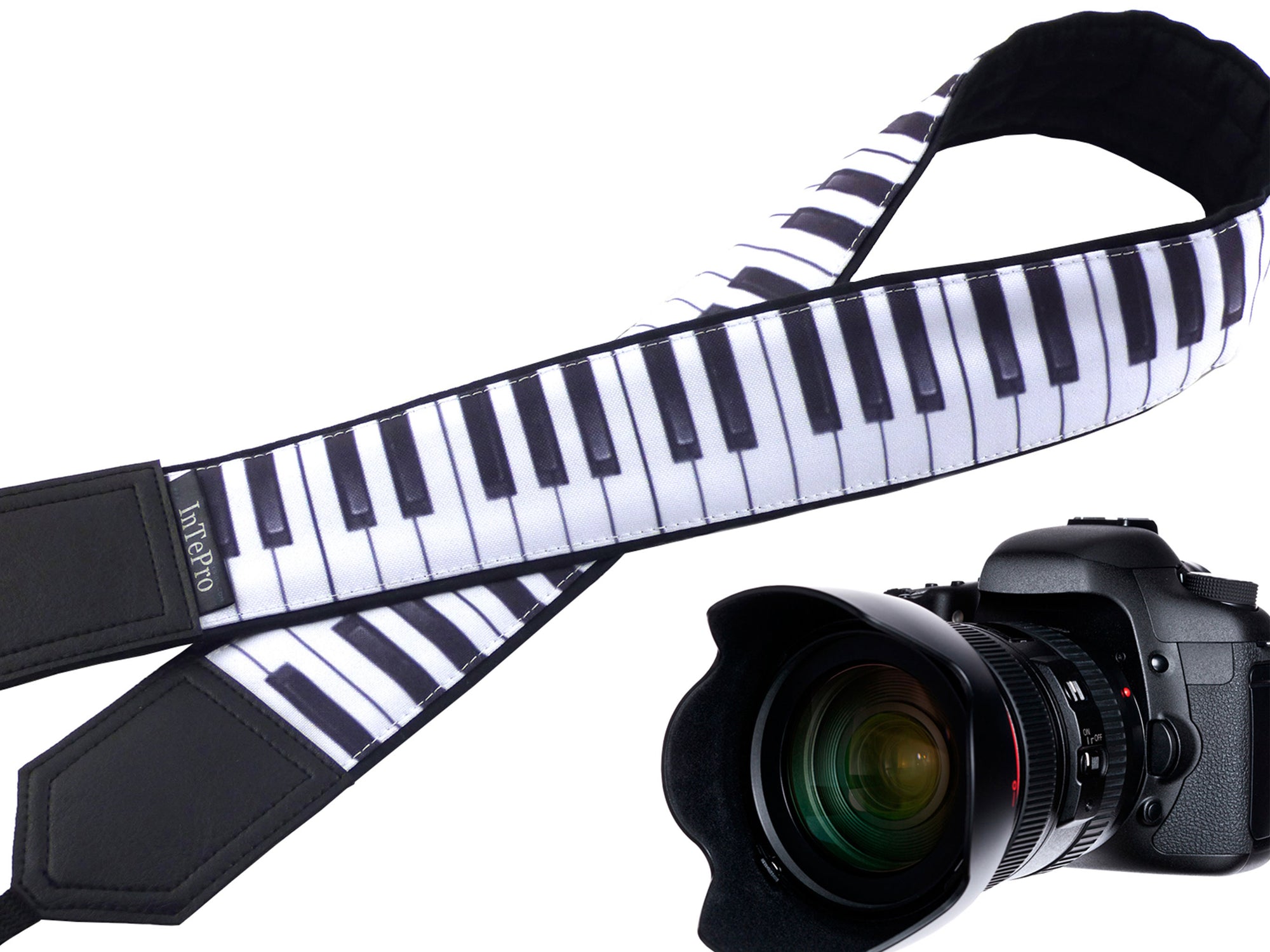 Personalized camera strap with embroidery. Camera strap DSLR with piano keys. Gift for musician. Black and white music keyboard design.