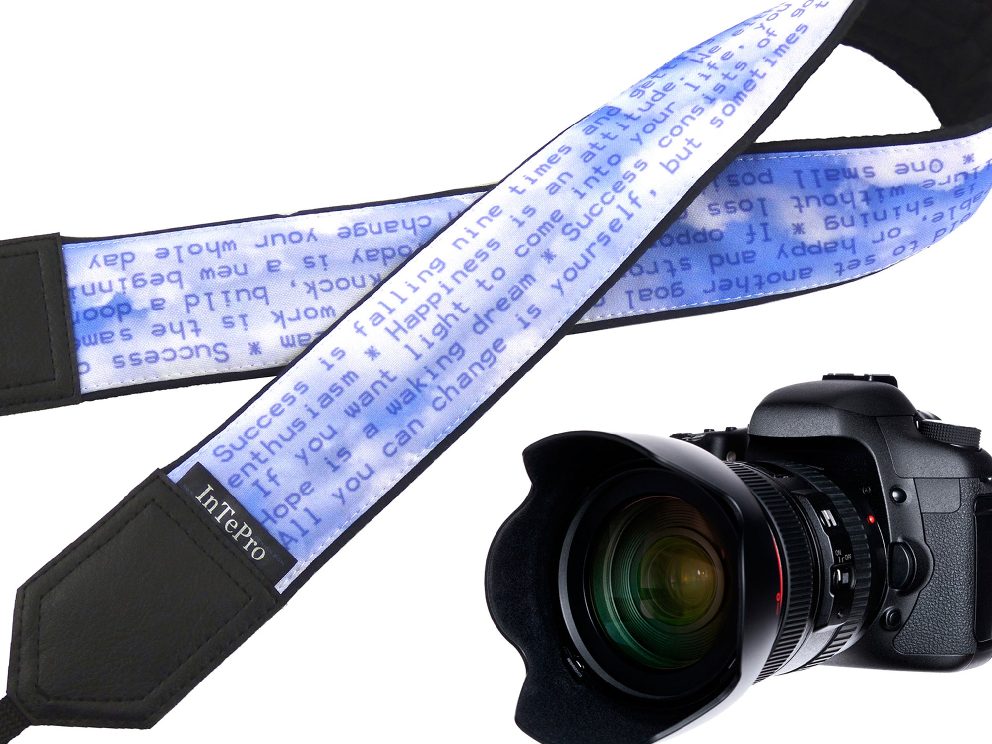Camera strap with Positive thoughts. DSLR / SLR accessories. Canon Nikon Durable, light and padded camera strap with personalization.