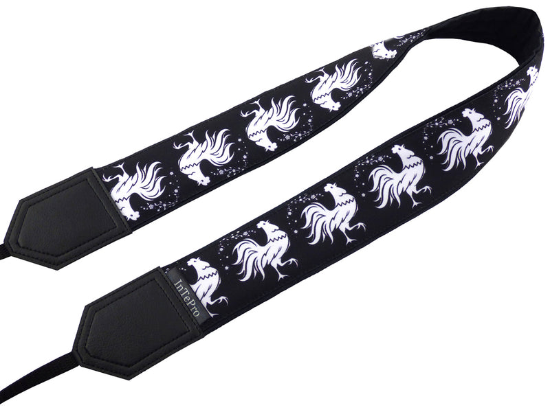 White Rooster Camera Strap. Stylized Cocks. Padded Camera Strap. Black and White. Camera Accessory.