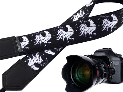 White Rooster Camera Strap. Stylized Cocks. Padded Camera Strap. Black and White. Camera Accessory.