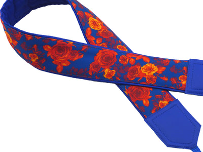 Camera strap Roses. Blue and orange.  Flowers strap. DSLR Camera Strap. SLR camera neck strap. Handmade item.