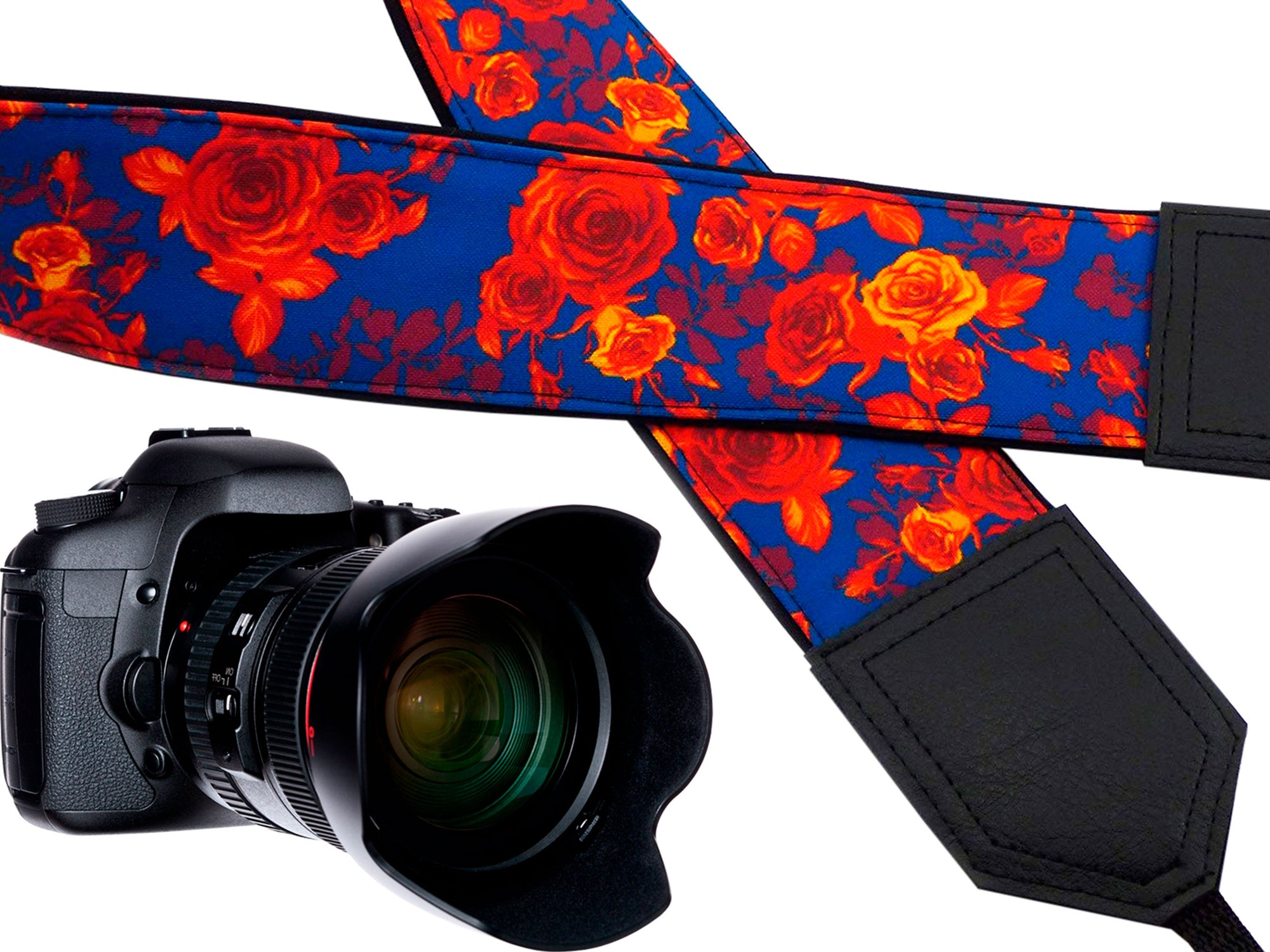 Camera strap Roses. Blue and orange.  Flowers strap. DSLR Camera Strap. SLR camera neck strap. Handmade item.