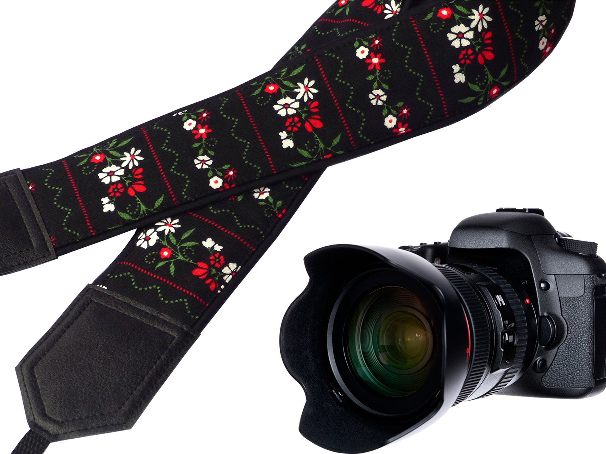 Flowers Camera strap.  Black Camera Strap DSLR / SLR. Camera accessories. Durable, light weight and well padded camera straps.