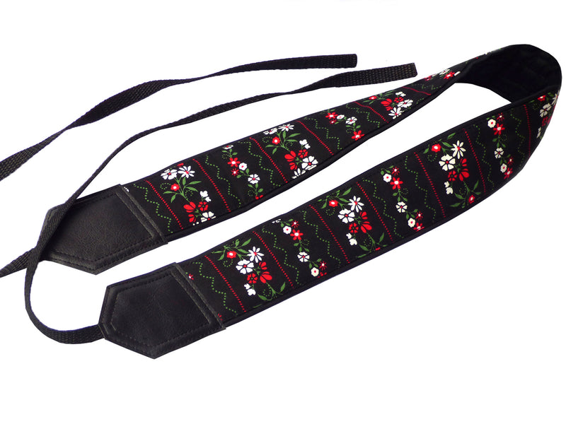 Flowers Camera strap.  Black Camera Strap DSLR / SLR. Camera accessories. Durable, light weight and well padded camera straps.