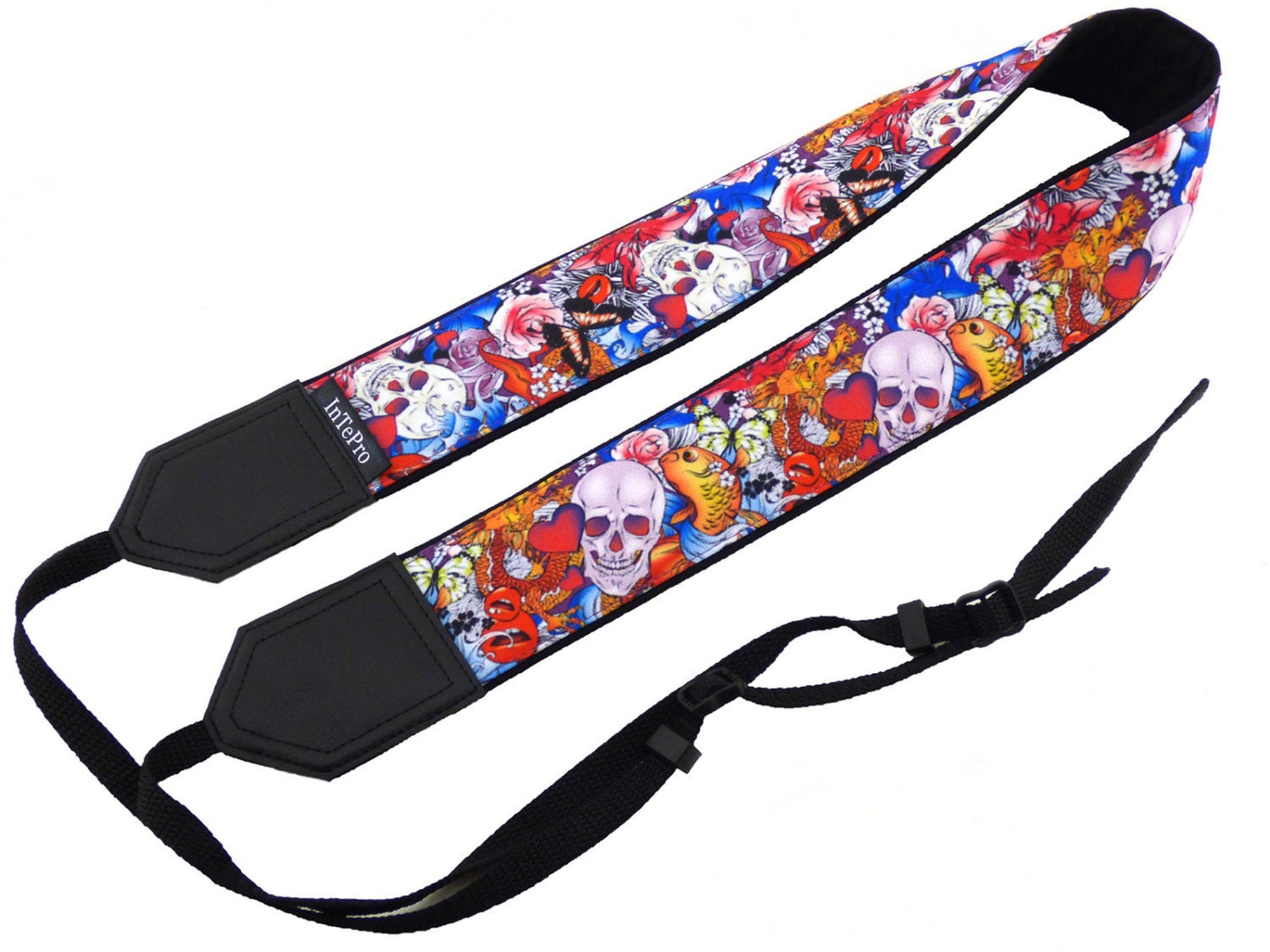 Halloween camera strap. Sugar skulls camera strap. Skulls and roses, and golden fish. DSLR / SLR / mirrorless Camera Strap.