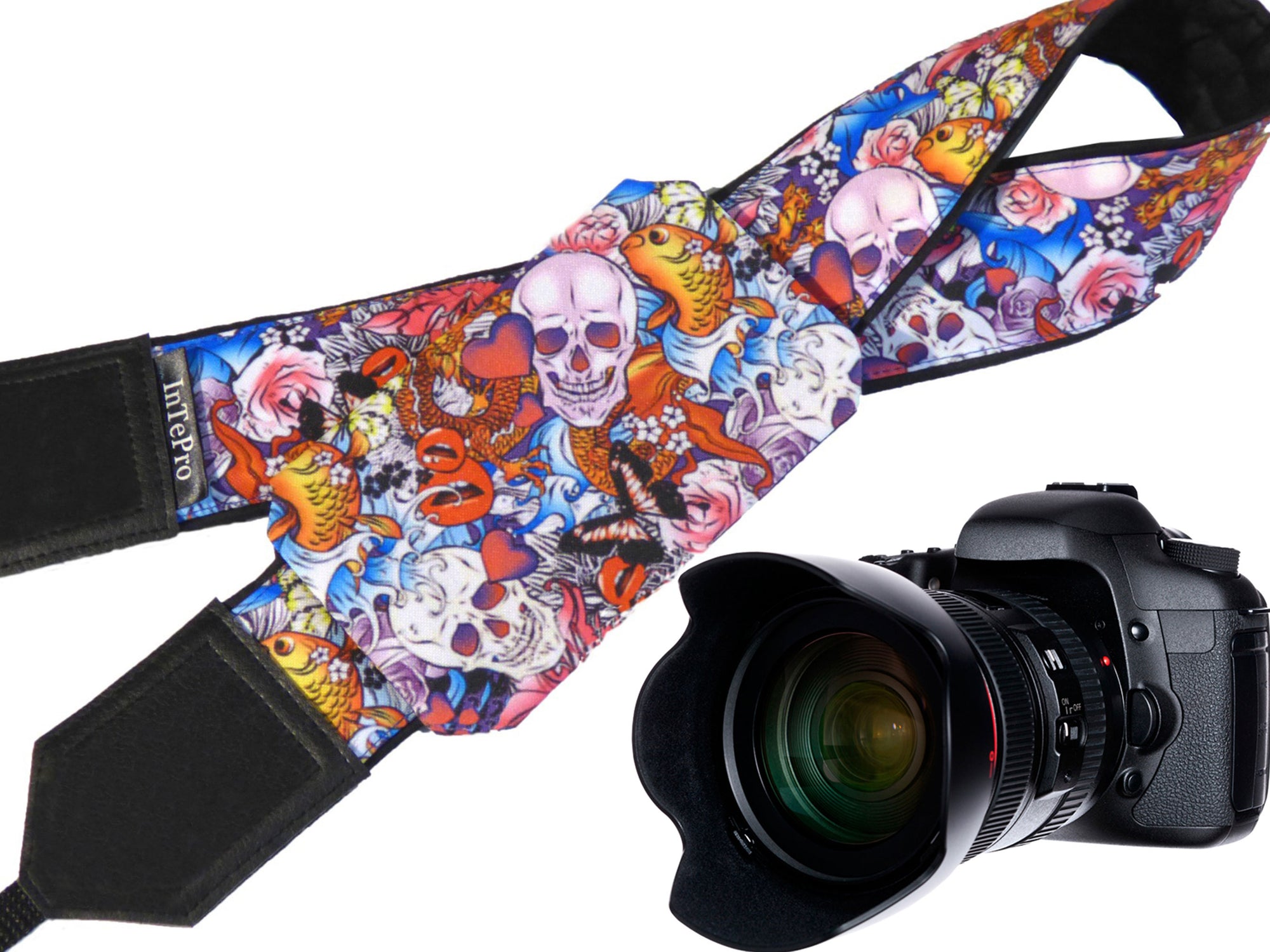 Halloween camera strap. Sugar skulls camera strap. Skulls and roses, and golden fish. DSLR / SLR / mirrorless Camera Strap.