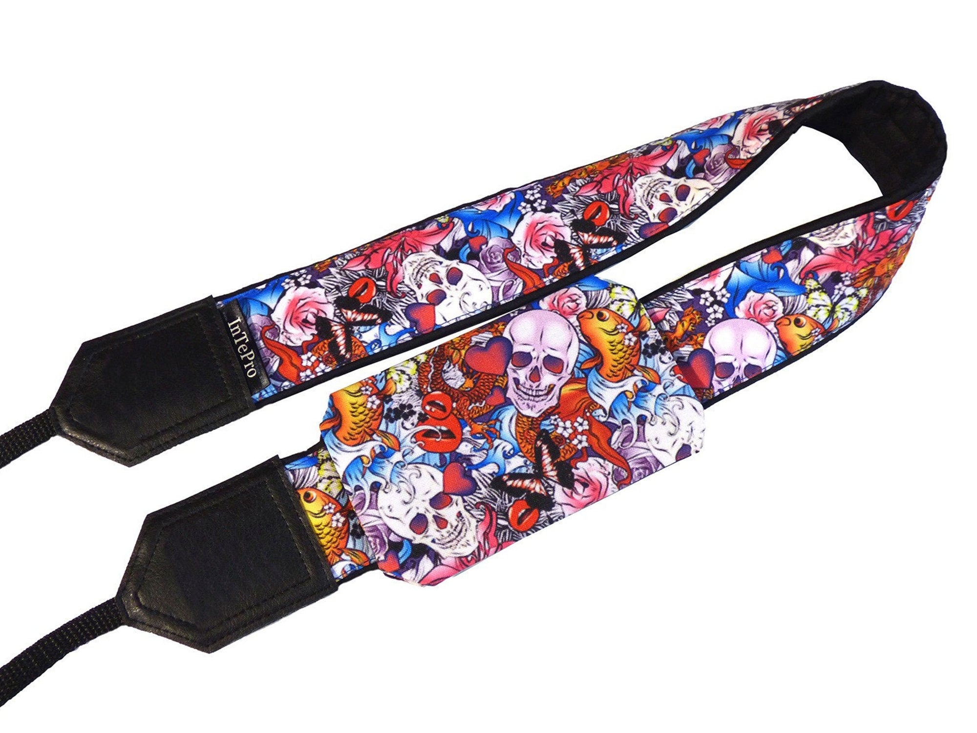 Halloween camera strap. Sugar skulls camera strap. Skulls and roses, and golden fish. DSLR / SLR / mirrorless Camera Strap.