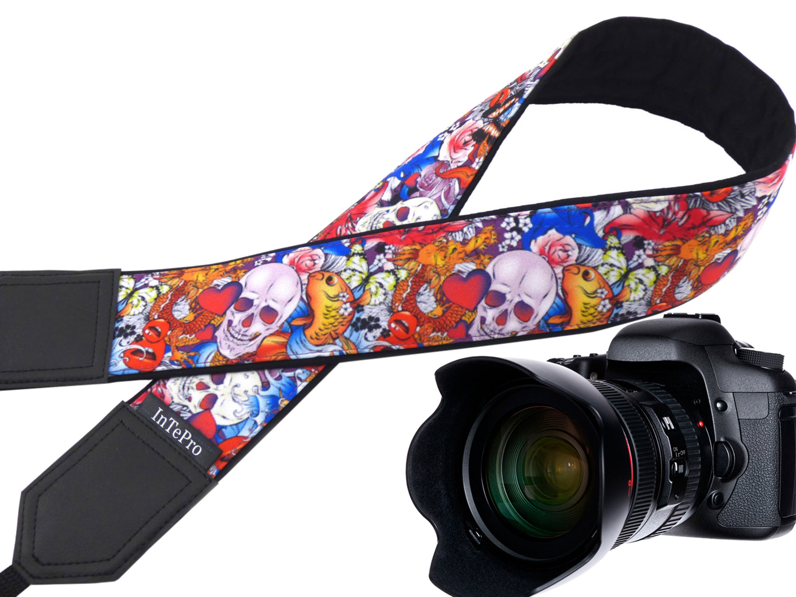 Halloween camera strap. Sugar skulls camera strap. Skulls and roses, and golden fish. DSLR / SLR / mirrorless Camera Strap.