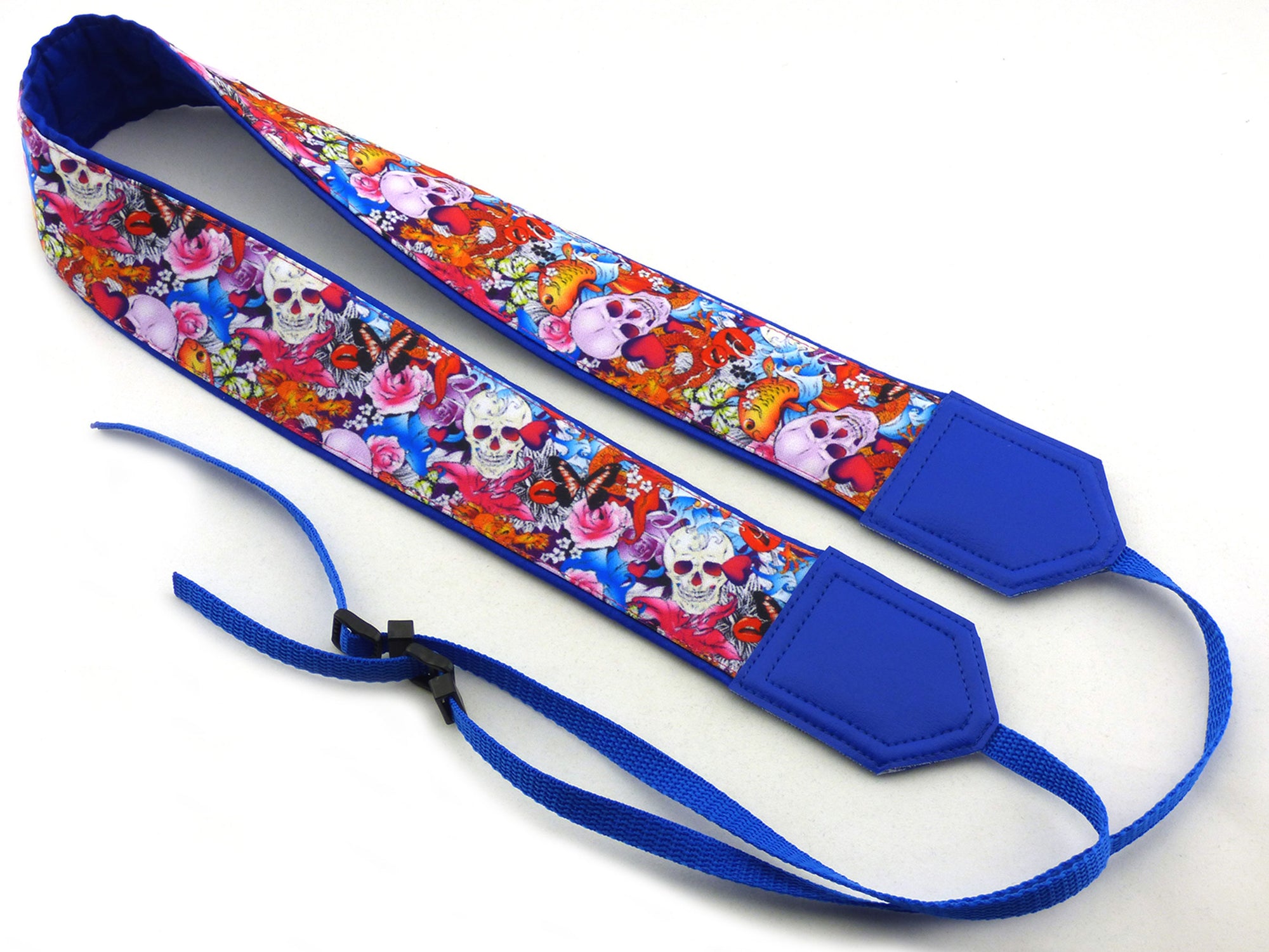 Halloween camera strap. Sugar skulls camera strap. Skulls and roses, and golden fish. DSLR / SLR / mirrorless Camera Strap.