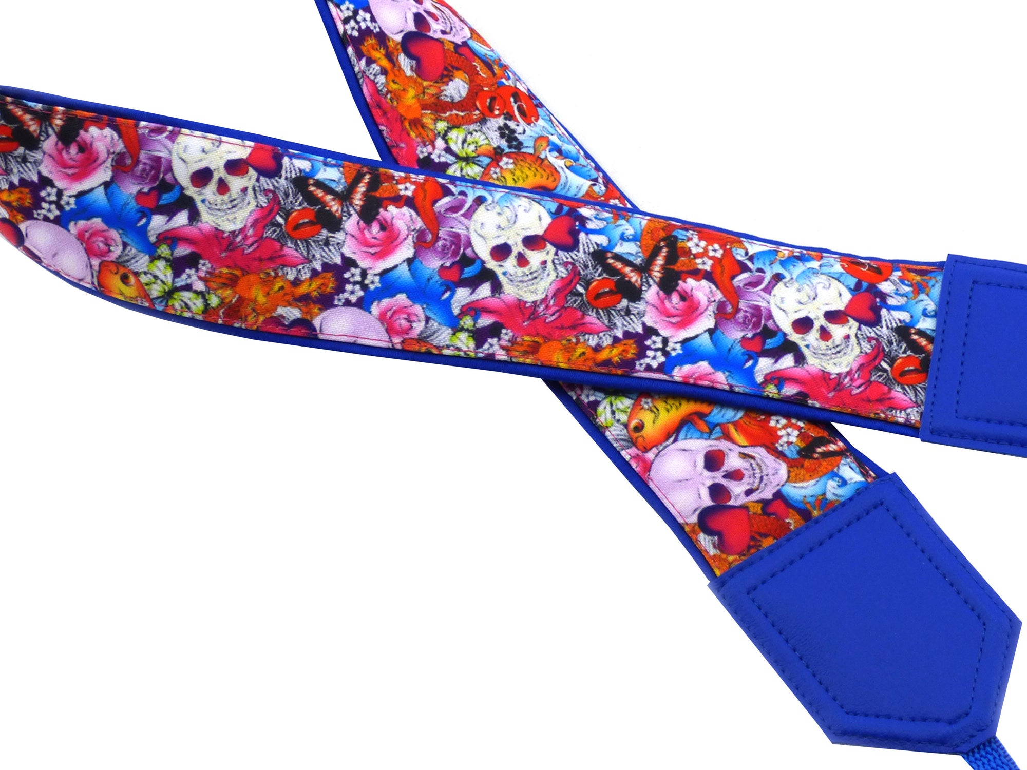 Halloween camera strap. Sugar skulls camera strap. Skulls and roses, and golden fish. DSLR / SLR / mirrorless Camera Strap.
