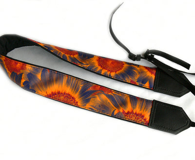 Sunflowers Camera strap.  Flowers camera strap.  Black and orange DSLR/SLR Camera Strap. Camera accessories.