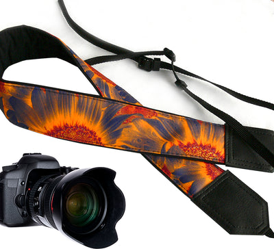 Sunflowers Camera strap.  Flowers camera strap.  Black and orange DSLR/SLR Camera Strap. Camera accessories.