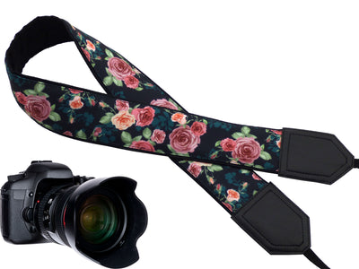 Roses Camera strap.  Flowers camera strap.  DSLR /SLR Camera Strap. Camera accessories. Black, Teal, Pink camera strap.