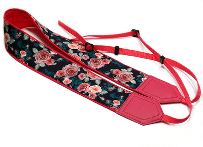 Roses Camera strap.  Flowers camera strap.  DSLR /SLR Camera Strap. Camera accessories. Black, Teal, Pink camera strap.