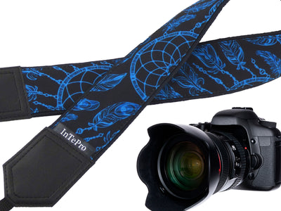 Dreamcatcher camera strap. Turquoise and black camera strap. DSLR / SLR accessories. Durable, light and padded camera strap by InTePro