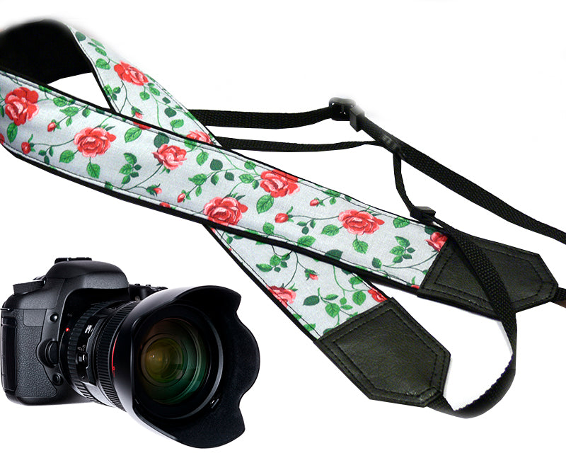 Flowers Camera strap.  Roses DSLR / SLR Camera Strap. Camera accessories. Durable, light weight and well padded camera strap.
