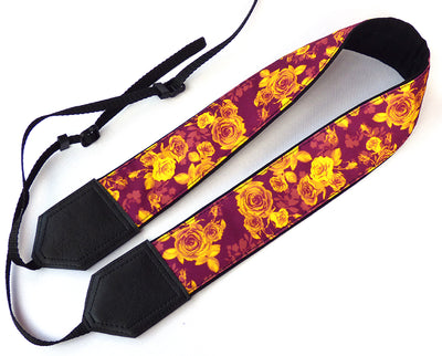 Damask Roses Camera strap.  Golden Flowers camera strap.  Burgundy DSLR / SLR Camera Strap. Camera accessories.