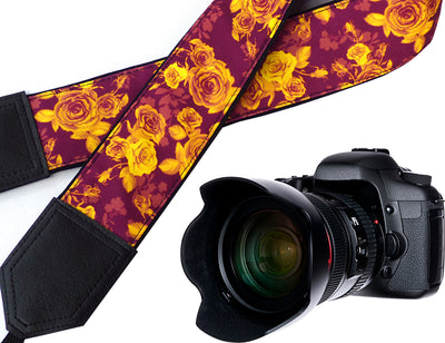 Damask Roses Camera strap.  Golden Flowers camera strap.  Burgundy DSLR / SLR Camera Strap. Camera accessories.