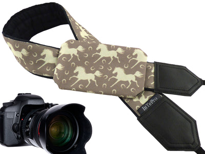 InTePro Personalized camera strap with Horses and horseshoes design. Best gift accessory for animal lovers. With pocket and extra length.