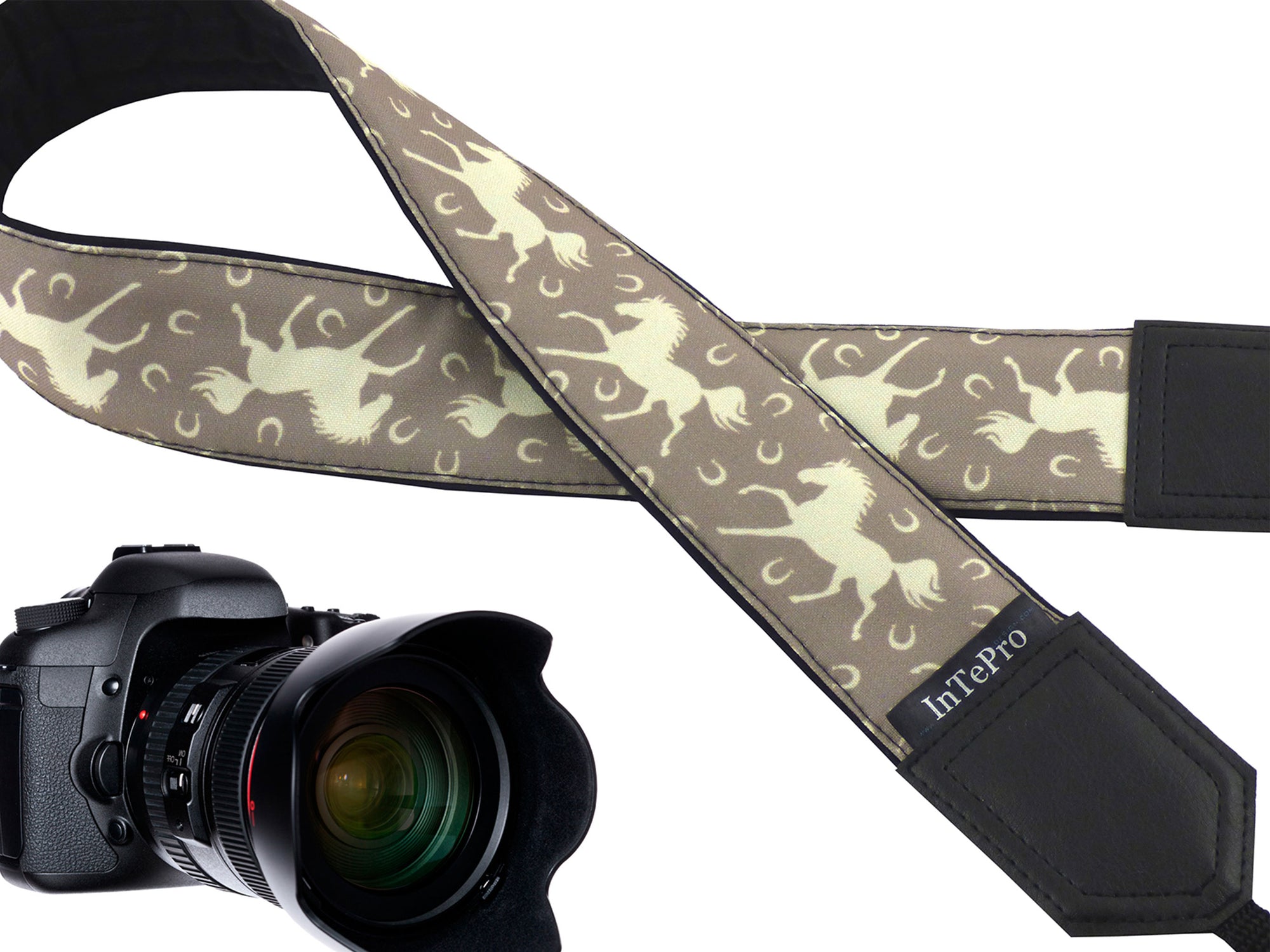 InTePro Personalized camera strap with Horses and horseshoes design. Best gift accessory for animal lovers. With pocket and extra length.