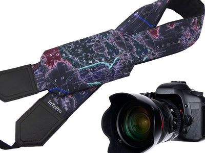 InTePro World map camera strap with personalization and pocket. Camera Strap with Embroidery for DSLR, Mirrorless and other cameras.